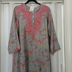Floral Gray and Pink Women's Tunic Embroidered Polysilk Handmade Sz M New